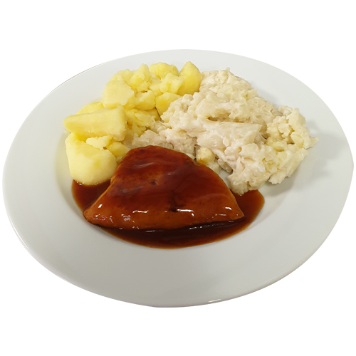 Kalkoenstooflap Kippenjus Bloemkool met saus aardappelen gekookt(natrium/zoutarm)